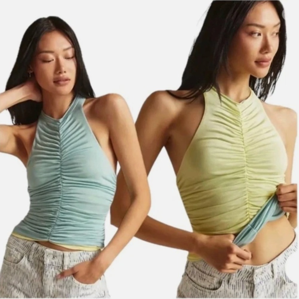 NWT PILCRO‎ ANTHROPOLOGIE Ruched Reversible Blue Yellow Sleeveless Casual Tank